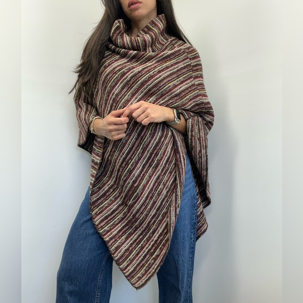 Striped Multi-color Funnel neck Knit Poncho One Size - Picture 1 of 7